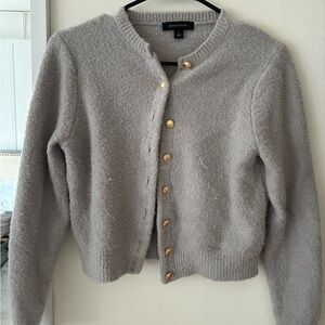 Ann Taylor Plush Crewneck Cardigan in Light Gray with Gold Buttons